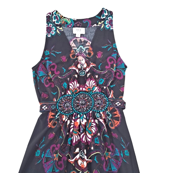 ECI New York Black Floral Bohemian Boho Beaded Sleeveless Shift Dress sz8 - Picture 4 of 9